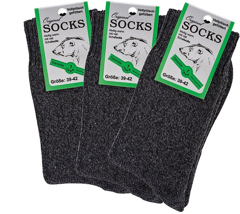  POLARWARME Vollplüsch Thermo Socken mit  40% Schafwolle Vollfrottee gefüttert. Ohne Gummidruck SOFTRAND, dicke weiche Ware 3 Paar