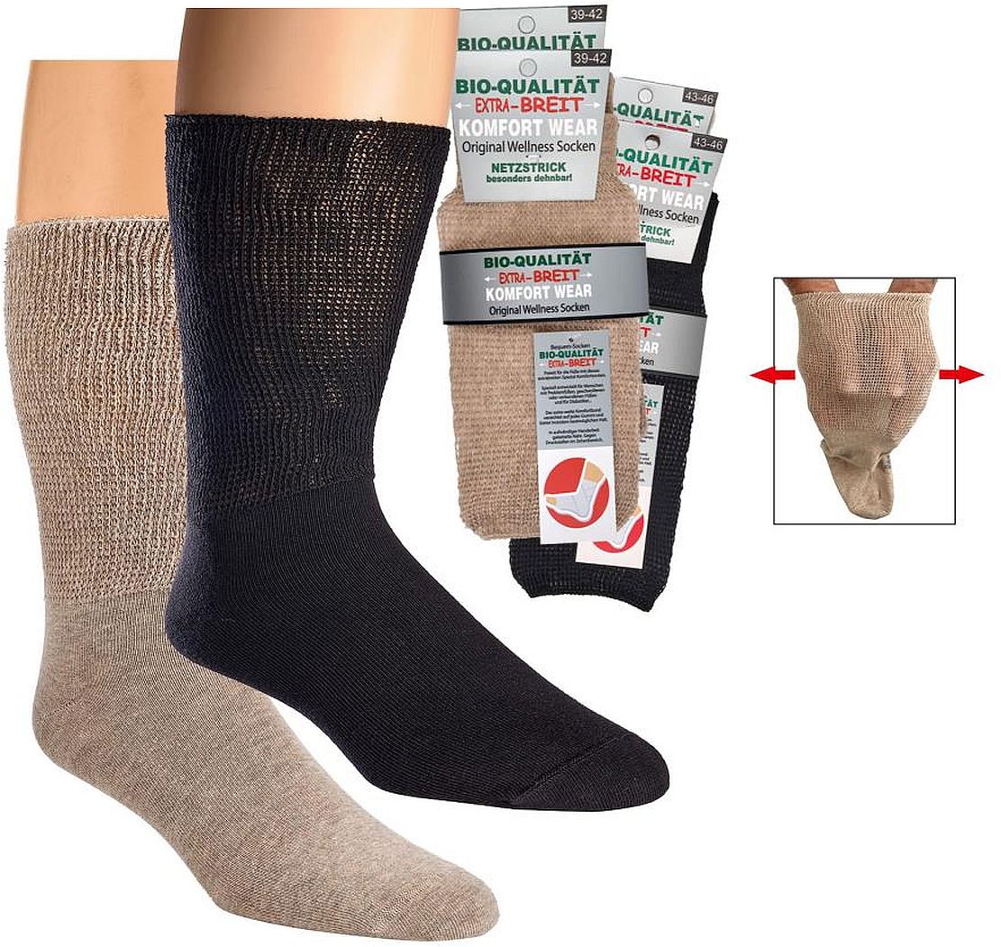 Wellness -Socken EXTRA-BREIT mit super-dehnfähigem Netzstrick-Komfort-Schaft  2er-Bündel / 1 Farbe