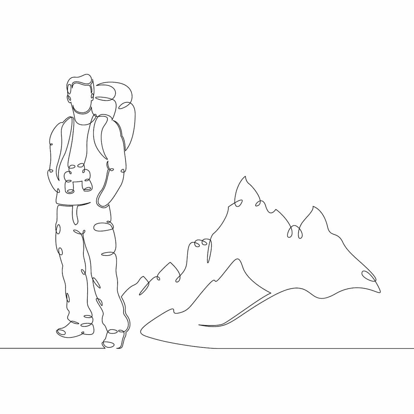 Gezeichneter Wanderer vor Bergpanorama