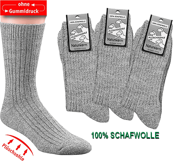 Wellness-Socken mit Plüschsohle 100% Schafwolle graumeliert, ohne Gummidruck,  6er-Teilung, Superwash für Damen und Herren 3 Paar