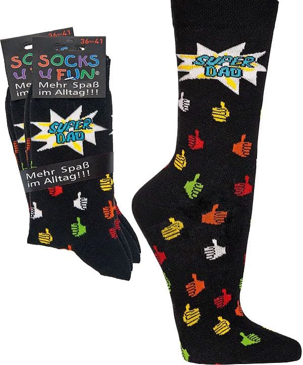 SUPER -DAD witzige Socken – Lustige Dessins für Teenager, Damen & Herren 2 Paar