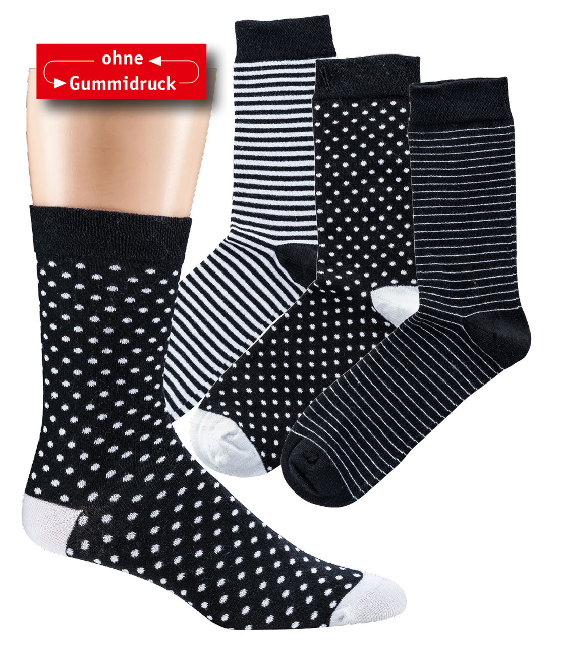 Damen  Socken„ BLACK & WHITE“ - ohne Gummidruck, 3 Paar
