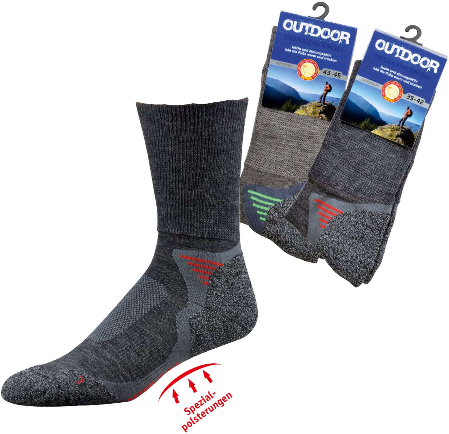 Funktions- und Trekking-Socken mit MERINOWOLLE und Spezialpolsterungen für Damen und Herren   1 Paar