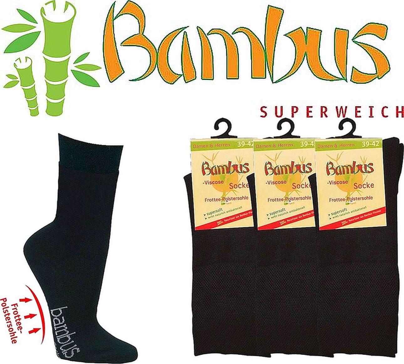 BAMBUS VISKOSE SOCKEN mit Frottee-Polstersohle und SOFTRAND 3 Paar