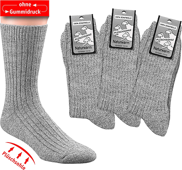  Wellness-Socken mit Plüschsohle 100% SCHAFWOLLE  für Damen und Herren- graumeliert, ohne Gummidruck,  6er-Teilung. Superwash -   bis Gr. 47-50 3 Paar