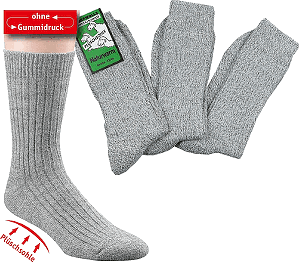 Wellness-Socken mit Plüschsohle,  mit Wolle graumeliert, ohne Gummidruck,  6er-Teilung, für Damen und Herren   3 Paar